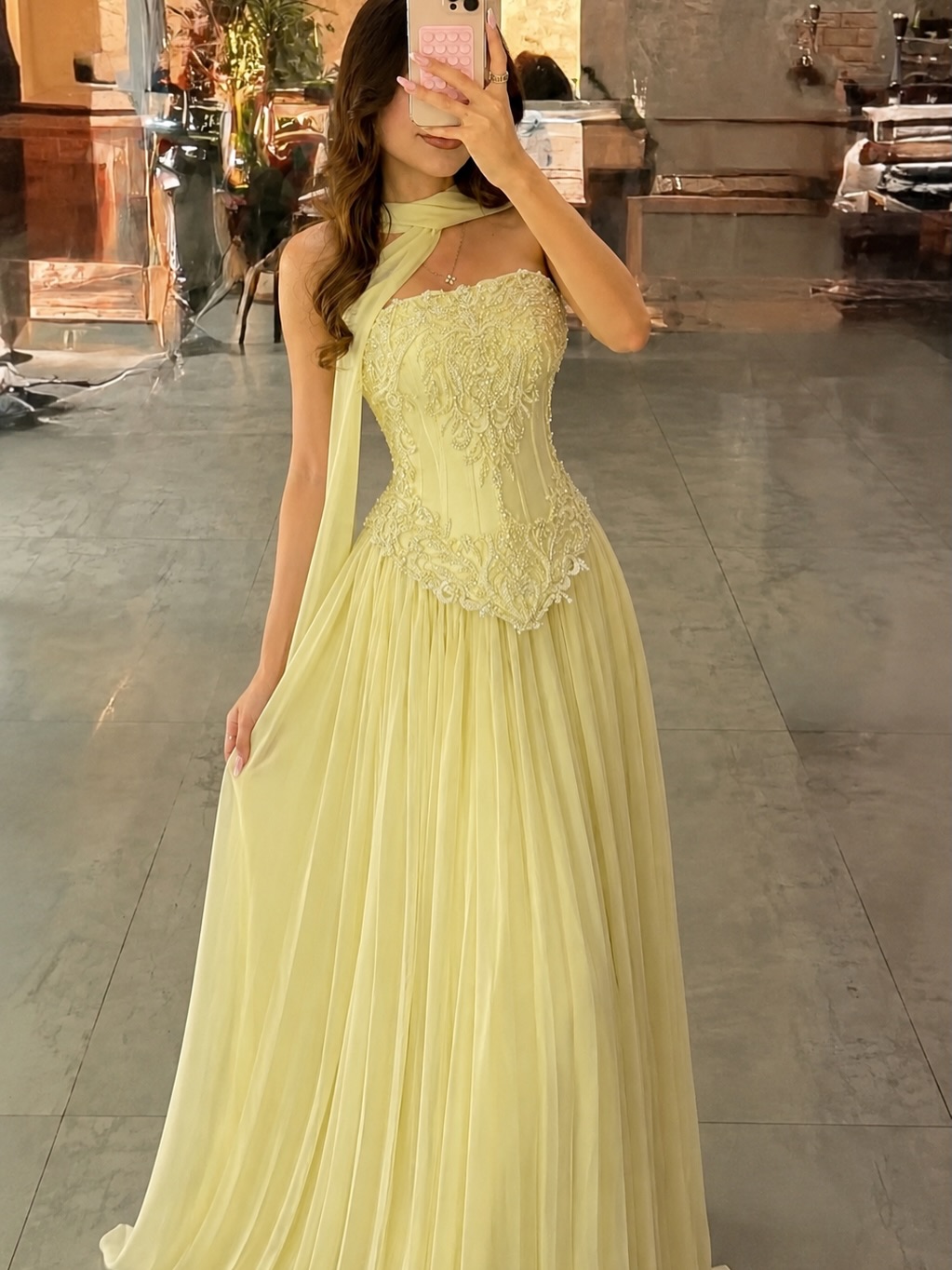 Embroidery Yellow Dress - Szyta na miarę seksowna żółta koronkowa
