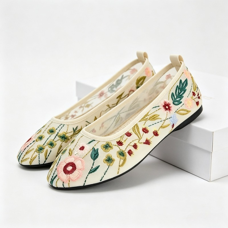 Embroidery Meaning - Okrągłe palce Mesh Ballet Flats Shoes