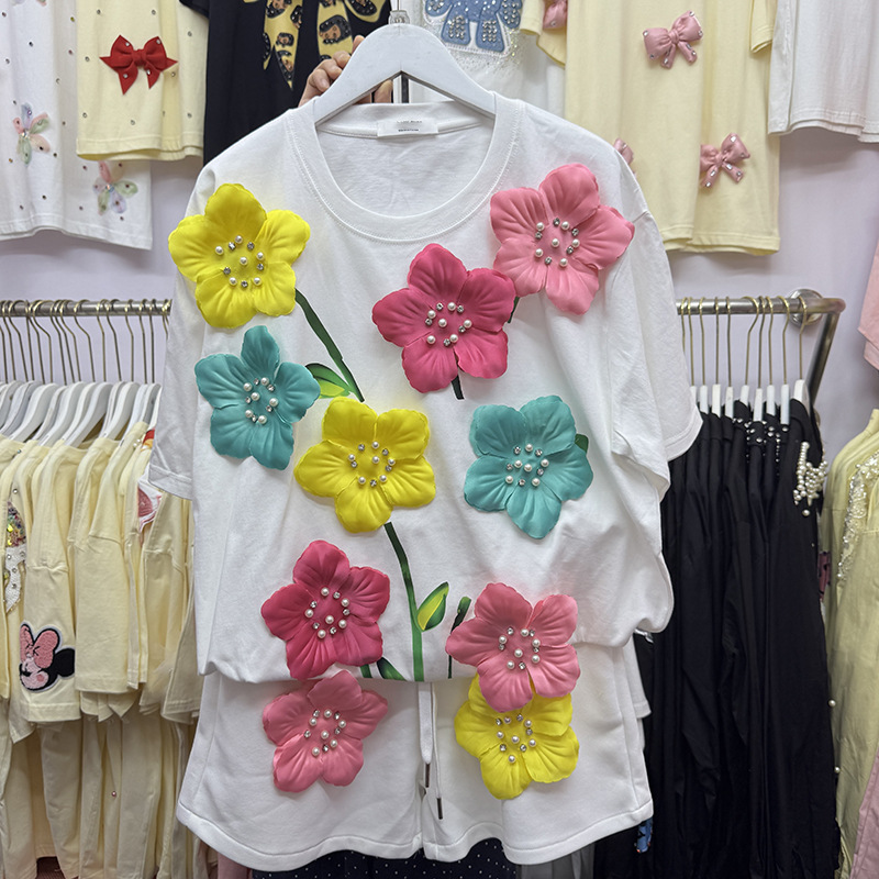 Embroidery Cotton Shirt - Letnia Kolorowa Koszulka z Kwiatami 3D,
