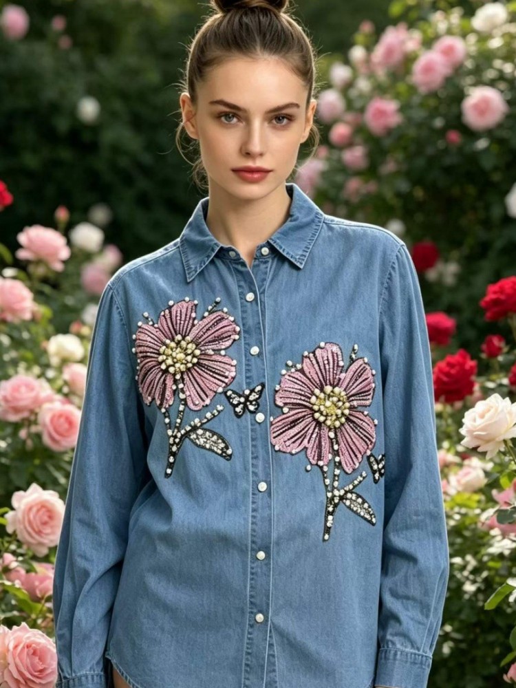 Damskie dżinsowe bluzki z haft – Embroidery Cotton Shirt recenzja i cena